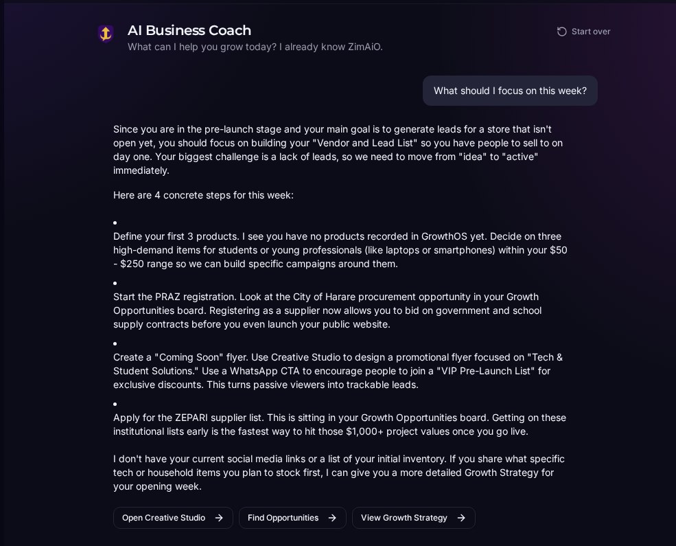 GrowthOS AI Business Coach giving practical business guidance