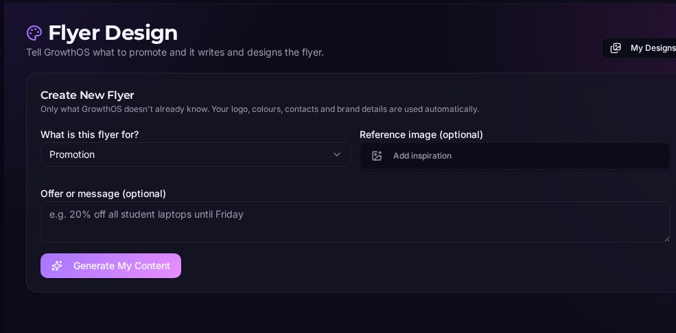GrowthOS flyer design workspace for creating professional marketing