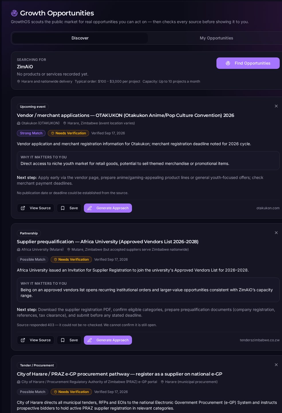 GrowthOS Growth Opportunities screen with matched public opportunities