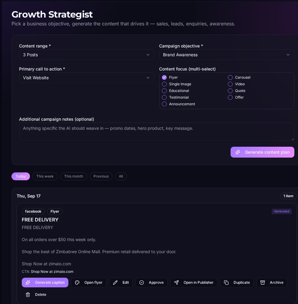 GrowthOS Growth Strategy screen using the active business context