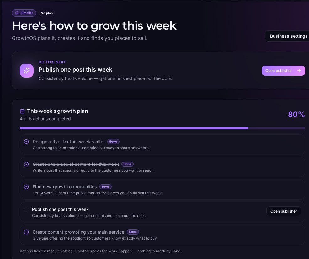 GrowthOS dashboard showing the weekly growth plan and next action